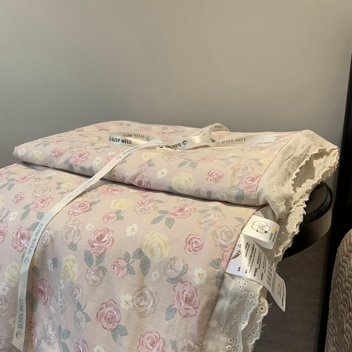 91家纺网 家纺一手货源 找家纺 莱豫2025新款纯棉花边夏被床盖 蔷薇-夏被
