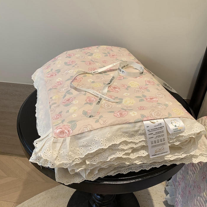 91家纺网 家纺一手货源 找家纺 莱豫2025新款纯棉花边夏被床盖 蔷薇-夏被