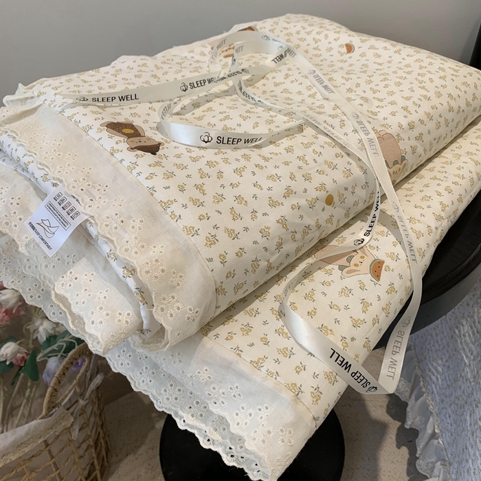 91家纺网 家纺一手货源 找家纺 莱豫2025新款纯棉花边夏被床盖 西瓜兔-夏被