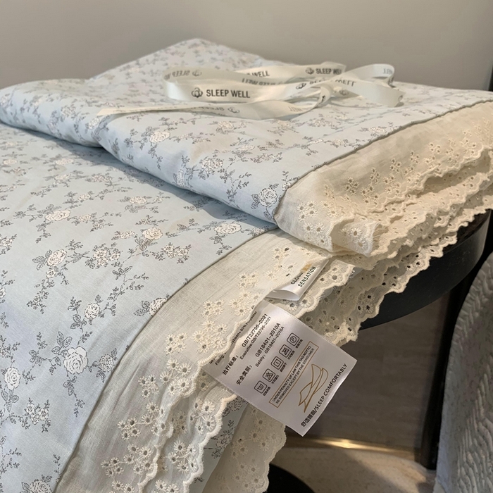 91家纺网 家纺一手货源 找家纺 莱豫2025新款纯棉花边夏被床盖 夏蓝-夏被