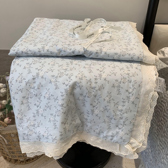 莱豫2025新款纯棉花边夏被床盖 夏蓝-夏被