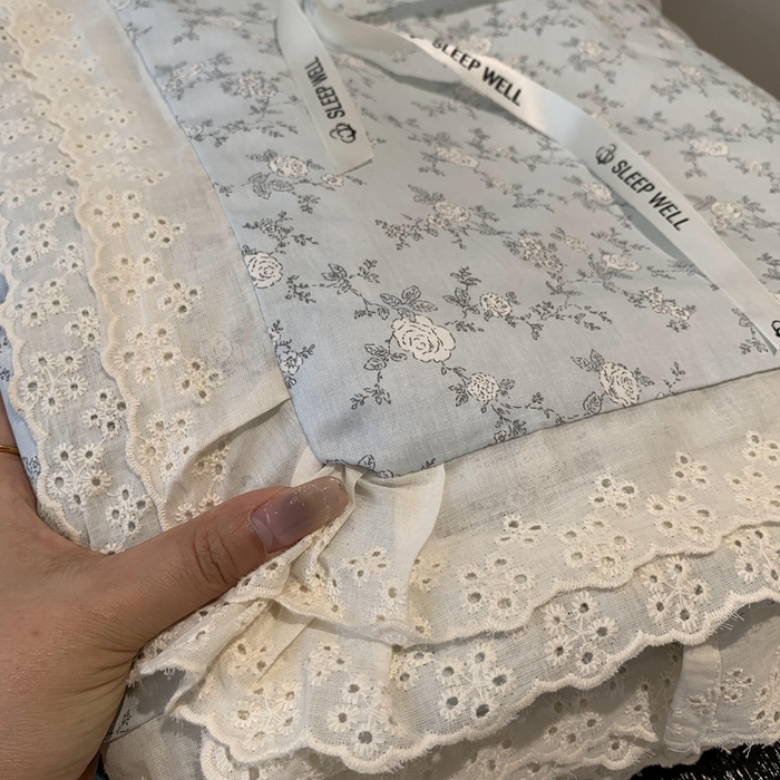 91家纺网 家纺一手货源 找家纺 莱豫2025新款纯棉花边夏被床盖 夏蓝-夏被