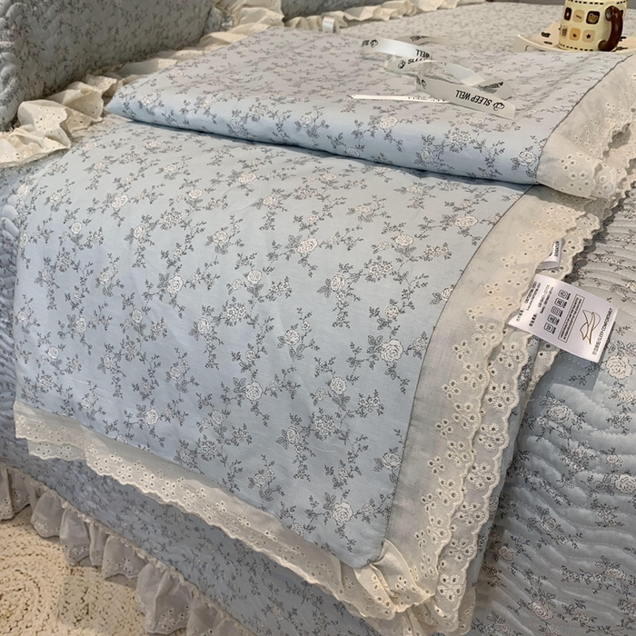 91家纺网 家纺一手货源 找家纺 莱豫2025新款纯棉花边夏被床盖 夏蓝-夏被