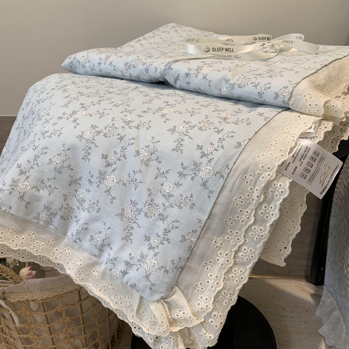 91家纺网 家纺一手货源 找家纺 莱豫2025新款纯棉花边夏被床盖 夏蓝-夏被