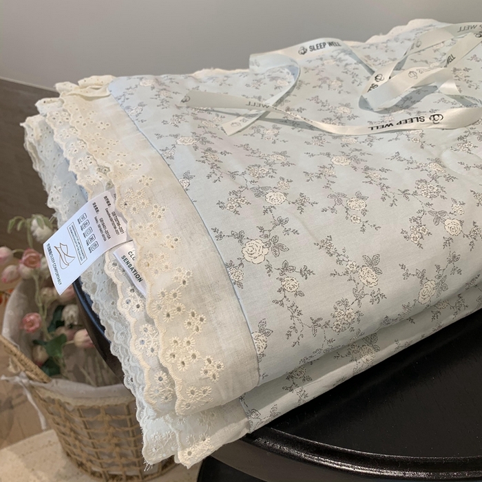 91家纺网 家纺一手货源 找家纺 莱豫2025新款纯棉花边夏被床盖 夏蓝-夏被