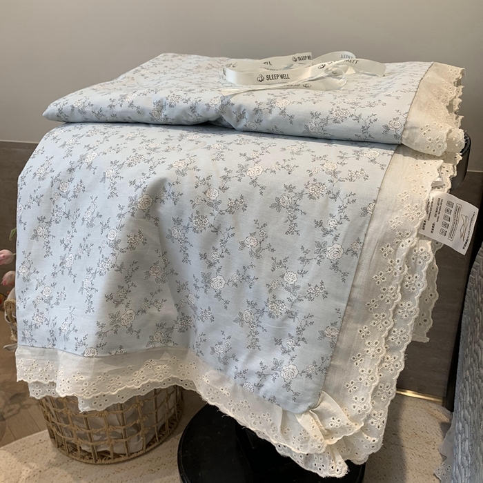 91家纺网 家纺一手货源 找家纺 莱豫2025新款纯棉花边夏被床盖 夏蓝-夏被