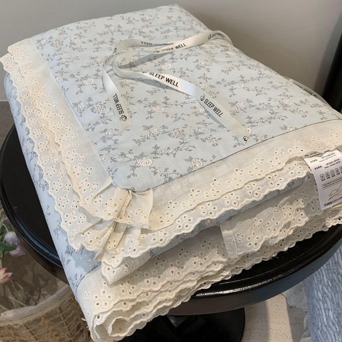 91家纺网 家纺一手货源 找家纺 莱豫2025新款纯棉花边夏被床盖 夏蓝-夏被