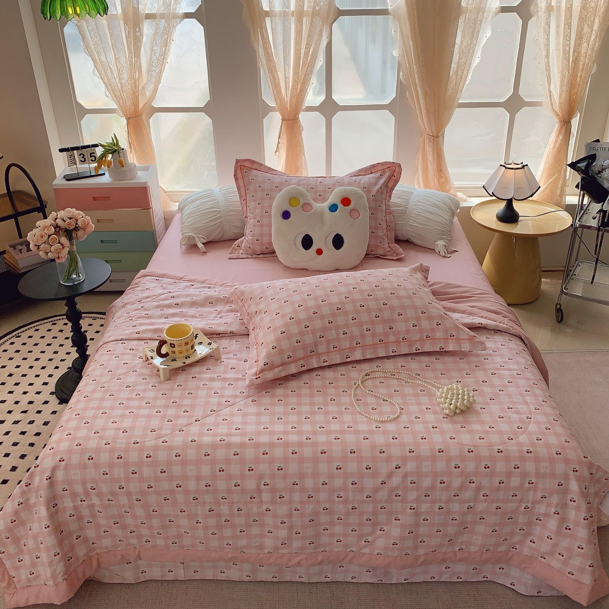 莱豫家纺 2025春夏新款纯棉全棉夏被夏凉被四件套 樱桃格子粉