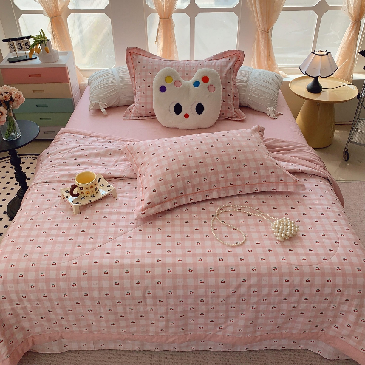 91家纺网 家纺一手货源 找家纺 莱豫家纺 2025春夏新款纯棉全棉夏被夏凉被四件套 樱桃格子粉