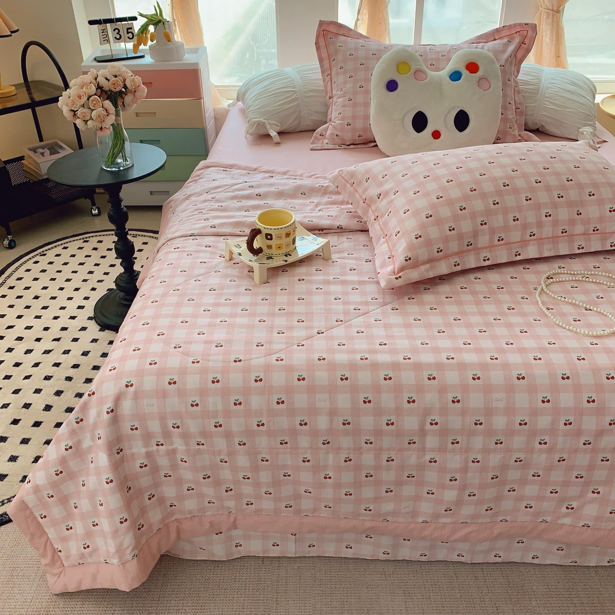 91家纺网 家纺一手货源 找家纺 莱豫家纺 2025春夏新款纯棉全棉夏被夏凉被四件套 樱桃格子粉