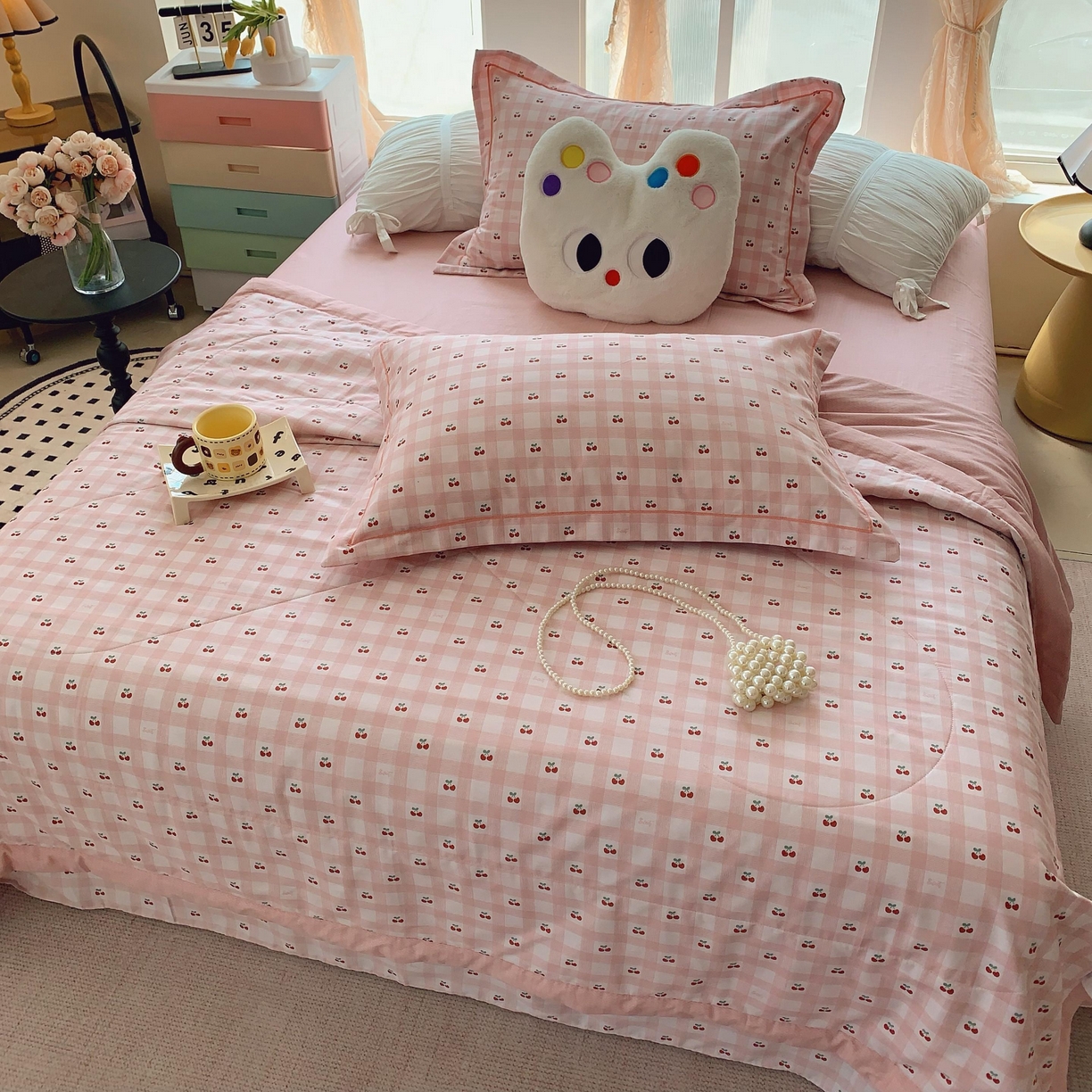 91家纺网 家纺一手货源 找家纺 莱豫家纺 2025春夏新款纯棉全棉夏被夏凉被四件套 樱桃格子粉