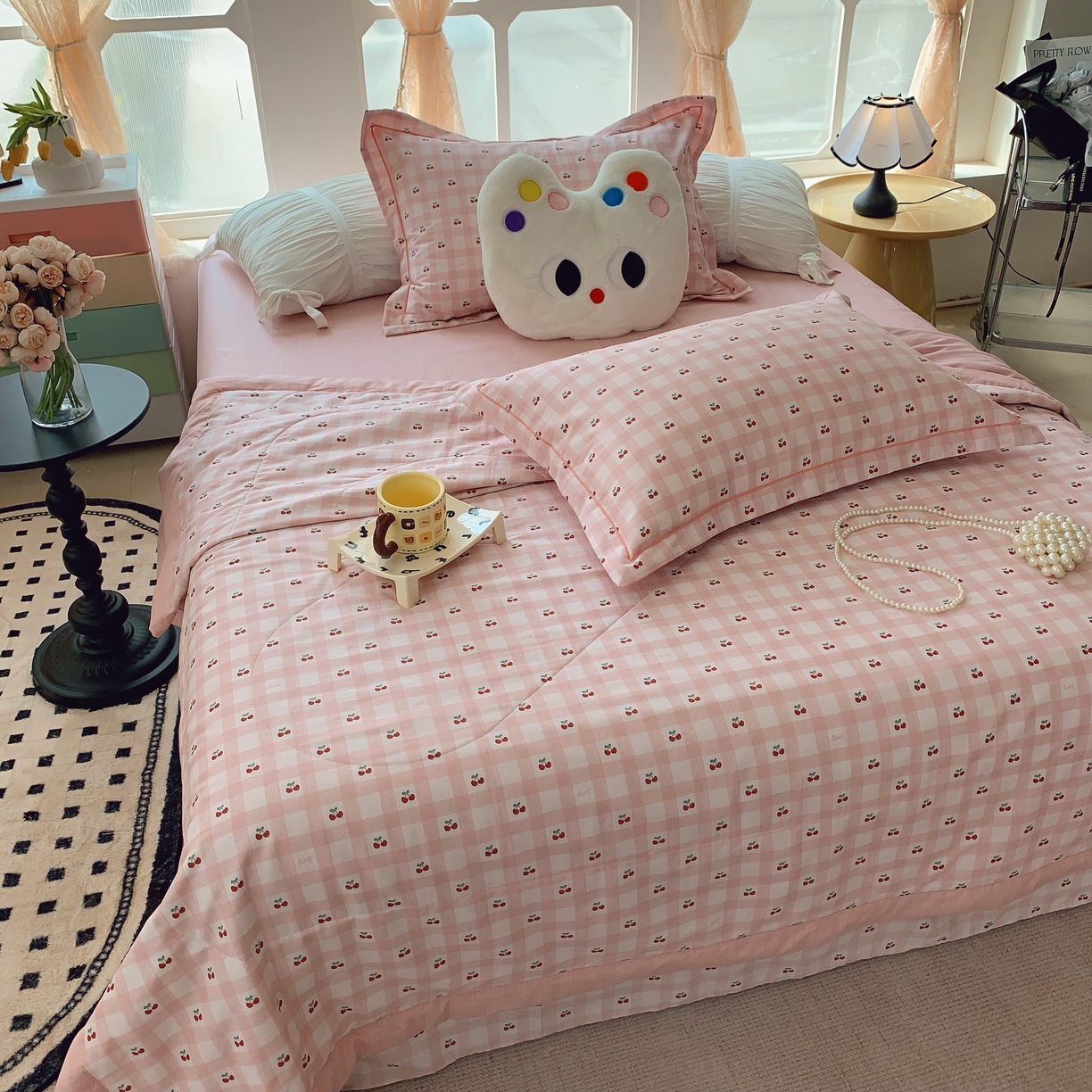 91家纺网 家纺一手货源 找家纺 莱豫家纺 2025春夏新款纯棉全棉夏被夏凉被四件套 樱桃格子粉