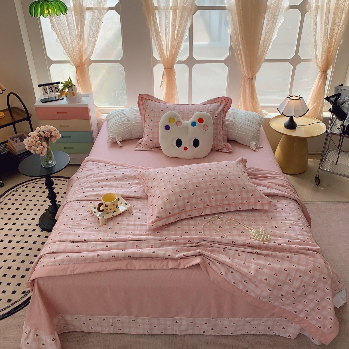 91家纺网 家纺一手货源 找家纺 莱豫家纺 2025春夏新款纯棉全棉夏被夏凉被四件套 樱桃格子粉
