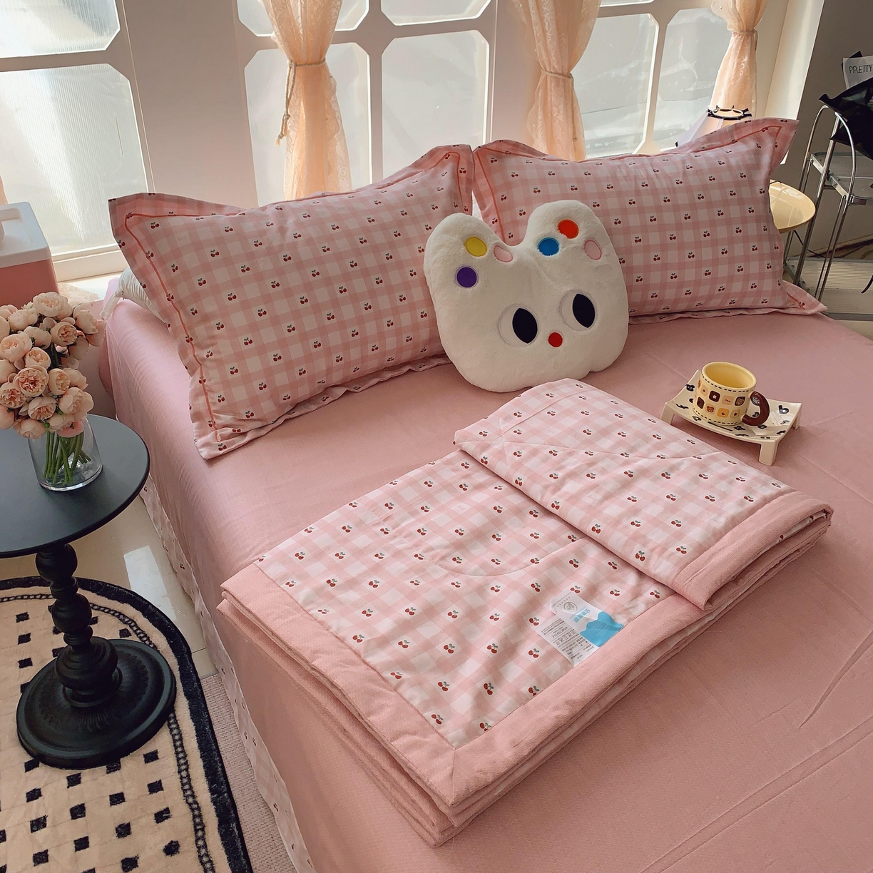 91家纺网 家纺一手货源 找家纺 莱豫家纺 2025春夏新款纯棉全棉夏被夏凉被四件套 樱桃格子粉