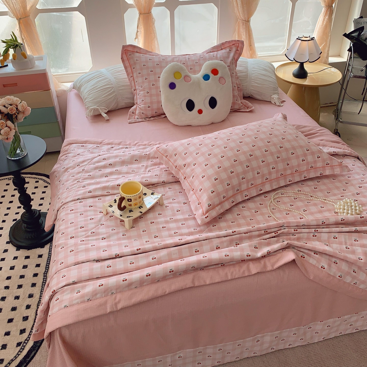91家纺网 家纺一手货源 找家纺 莱豫家纺 2025春夏新款纯棉全棉夏被夏凉被四件套 樱桃格子粉