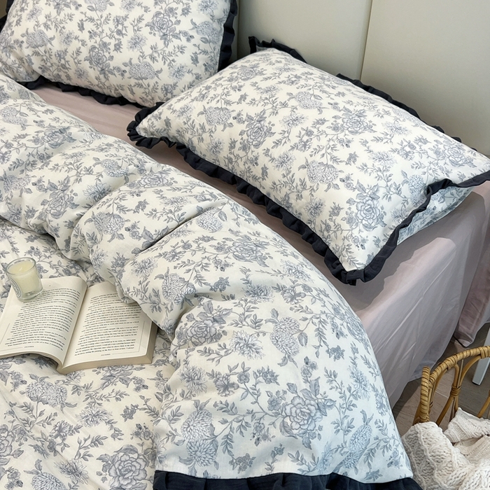 91家纺网 家纺一手货源 找家纺 荣轩 2024新款全棉印花双层纱四件套 皱皱纱花边款 雾野山茶