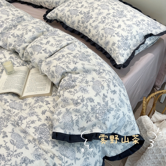 荣轩 2024新款全棉印花双层纱四件套 皱皱纱花边款 雾野山茶
