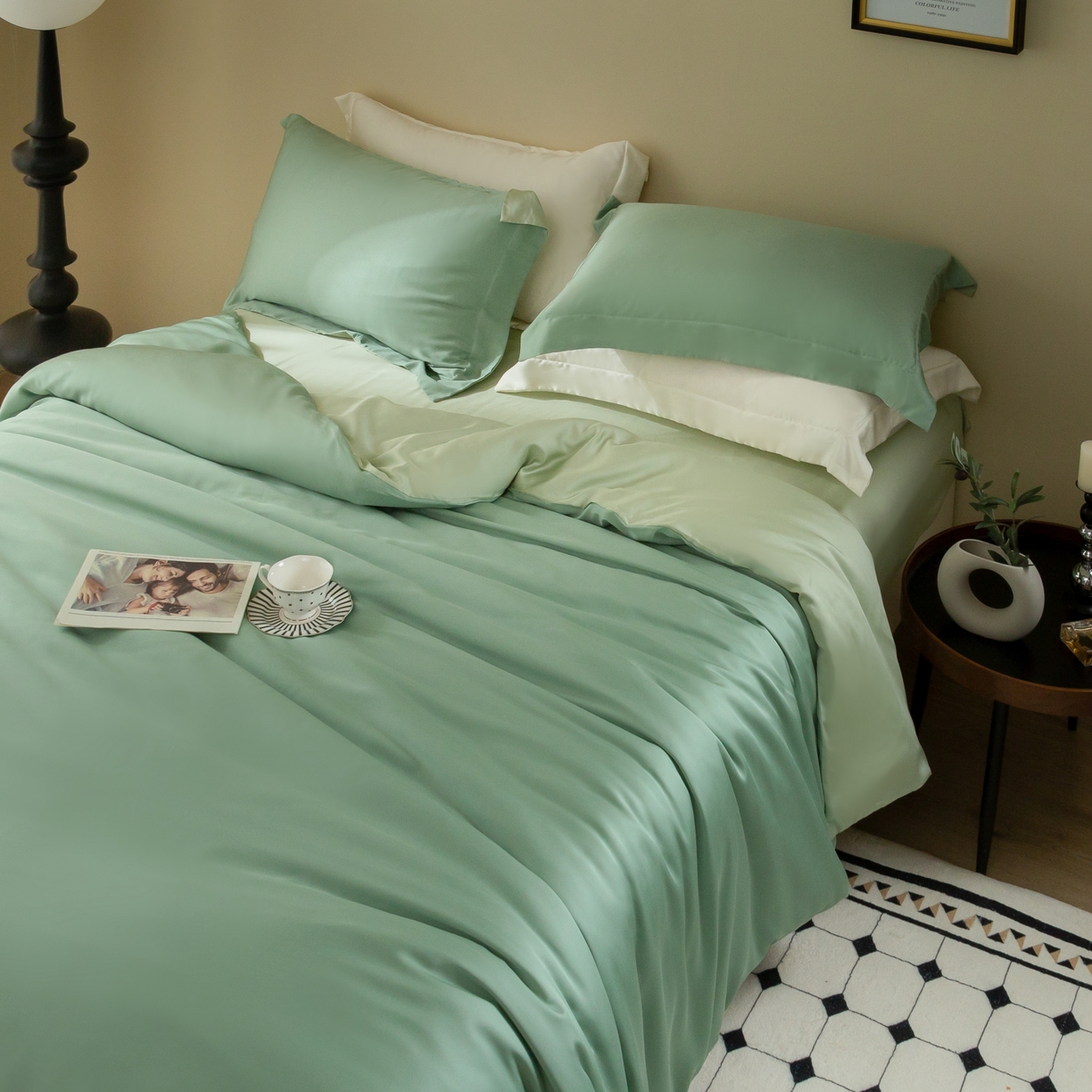 91家纺网 家纺一手货源 找家纺 ONE TWO ONE 121 2025新款60支奥地利进口兰精天丝秋风系列单品-枕套 春芽绿