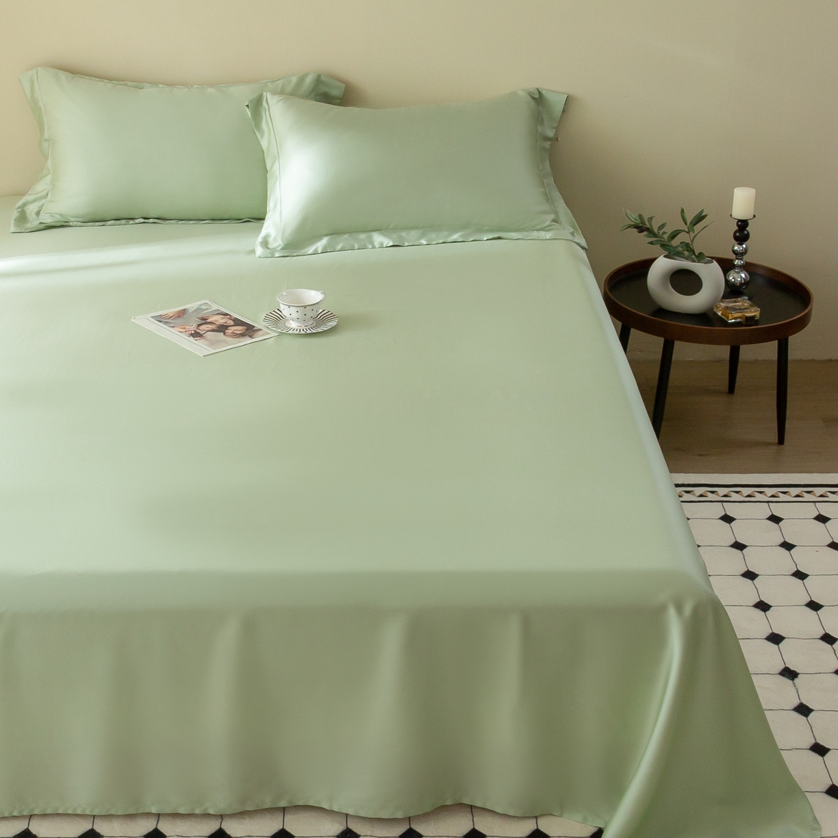 91家纺网 家纺一手货源 找家纺 ONE TWO ONE 121 2025新款60支奥地利进口兰精天丝秋风系列单品-枕套 多瑙绿