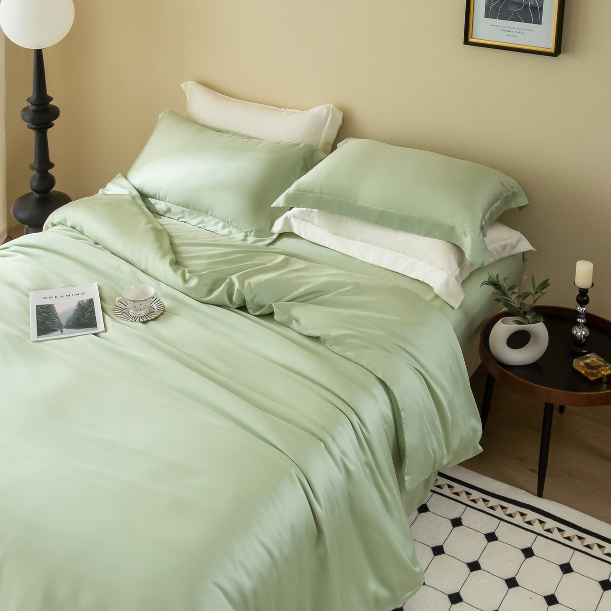 91家纺网 家纺一手货源 找家纺 ONE TWO ONE 121 2025新款60支奥地利进口兰精天丝秋风系列单品-枕套 多瑙绿