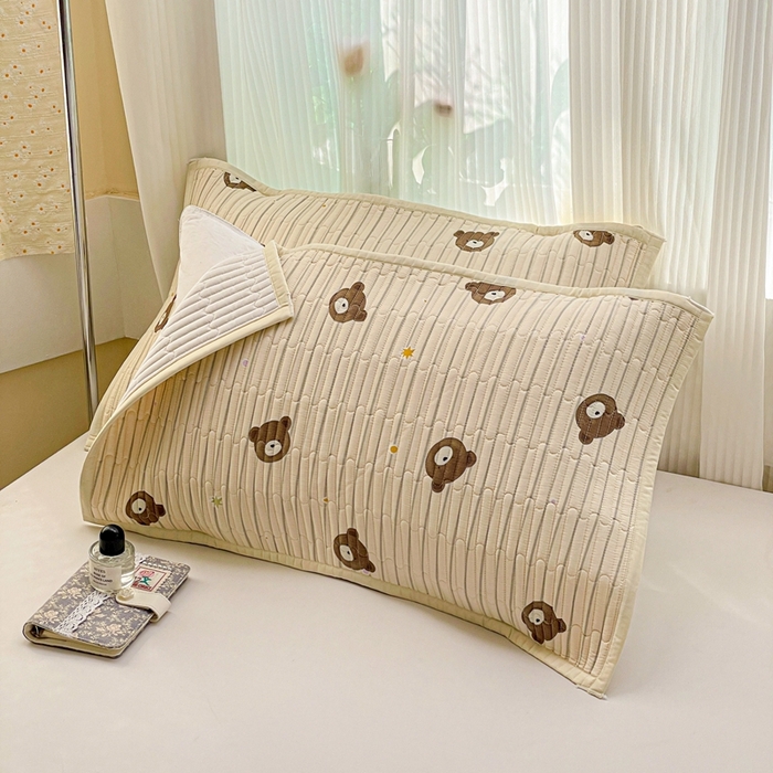 雅萱家纺 2025新款全棉绗缝夹棉枕巾 饼干熊-枕巾 50*80cm一对