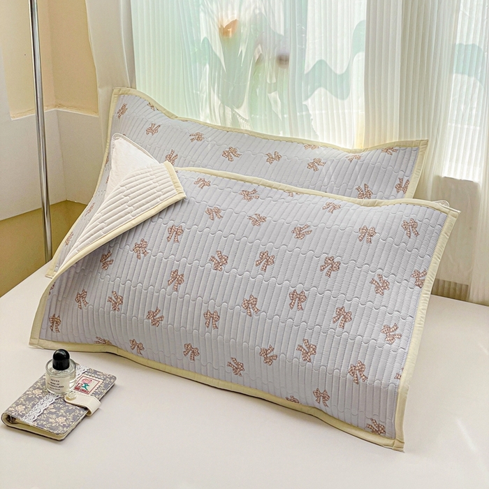 雅萱家纺 2025新款全棉绗缝夹棉枕巾 格纹蝴蝶结-枕巾 50*80cm一只