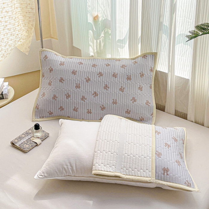 91家纺网 家纺一手货源 找家纺 雅萱家纺 2025新款全棉绗缝夹棉枕巾 格纹蝴蝶结-枕巾 50*80cm一只