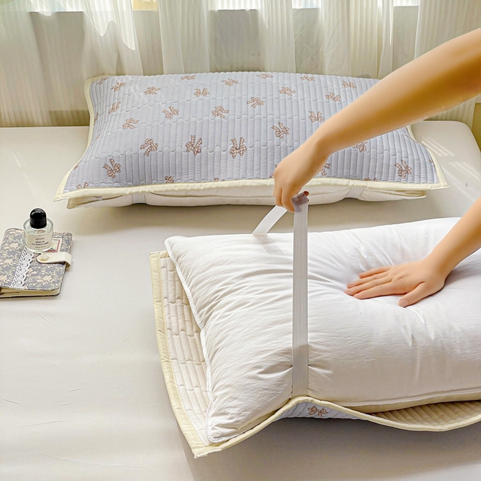 91家纺网 家纺一手货源 找家纺 雅萱家纺 2025新款全棉绗缝夹棉枕巾 格纹蝴蝶结-枕巾 50*80cm一只