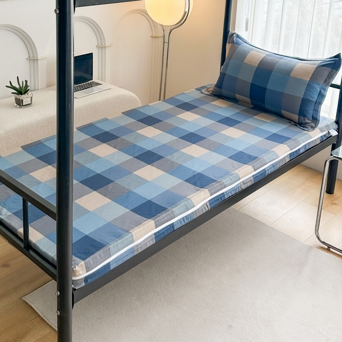 凌云家纺 2025新款全棉学生宿舍单人床垫海绵垫租房专用可拆卸 灰蓝格-全棉床套+床垫 可拆洗