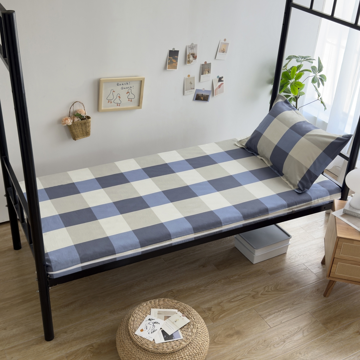 91家纺网 家纺一手货源 找家纺 凌云家纺 2025新款全棉学生宿舍单人床垫海绵垫租房专用可拆卸 蓝大格-全棉床套+床垫 可拆洗