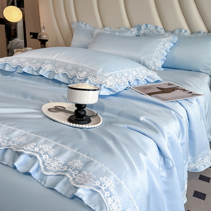 澳梵家居 2025新款雪莲天丝法式提花夏被四件套-浪漫香榭 浪漫香榭-水蓝