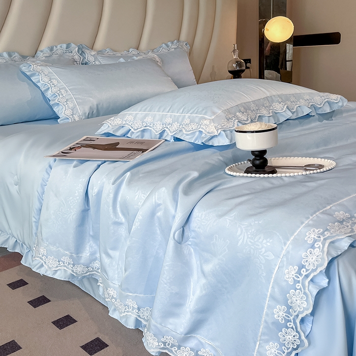91家纺网 家纺一手货源 找家纺 澳梵家居 2025新款雪莲天丝法式提花夏被四件套-浪漫香榭 浪漫香榭-水蓝