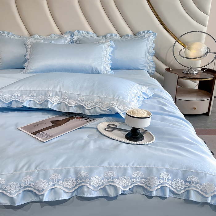 91家纺网 家纺一手货源 找家纺 澳梵家居 2025新款雪莲天丝法式提花夏被四件套-浪漫香榭 浪漫香榭-水蓝