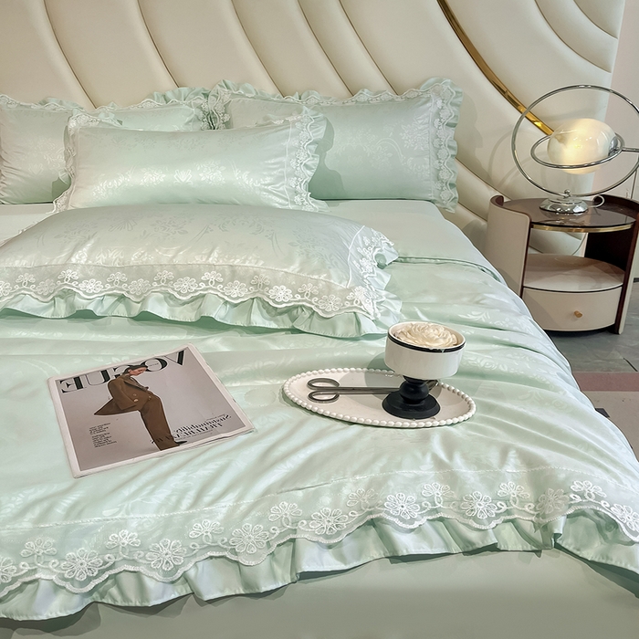 91家纺网 家纺一手货源 找家纺 澳梵家居 2025新款雪莲天丝法式提花夏被四件套-浪漫香榭 浪漫香榭-水绿