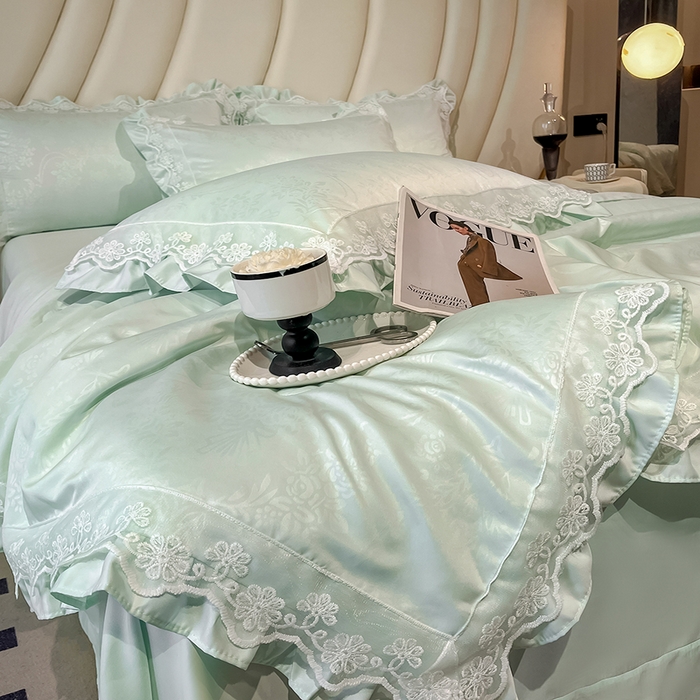 91家纺网 家纺一手货源 找家纺 澳梵家居 2025新款雪莲天丝法式提花夏被四件套-浪漫香榭 浪漫香榭-水绿