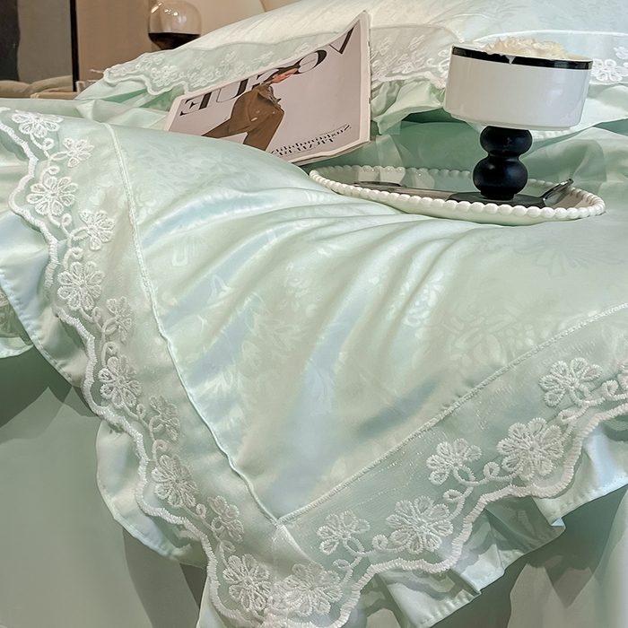 91家纺网 家纺一手货源 找家纺 澳梵家居 2025新款雪莲天丝法式提花夏被四件套-浪漫香榭 浪漫香榭-水绿