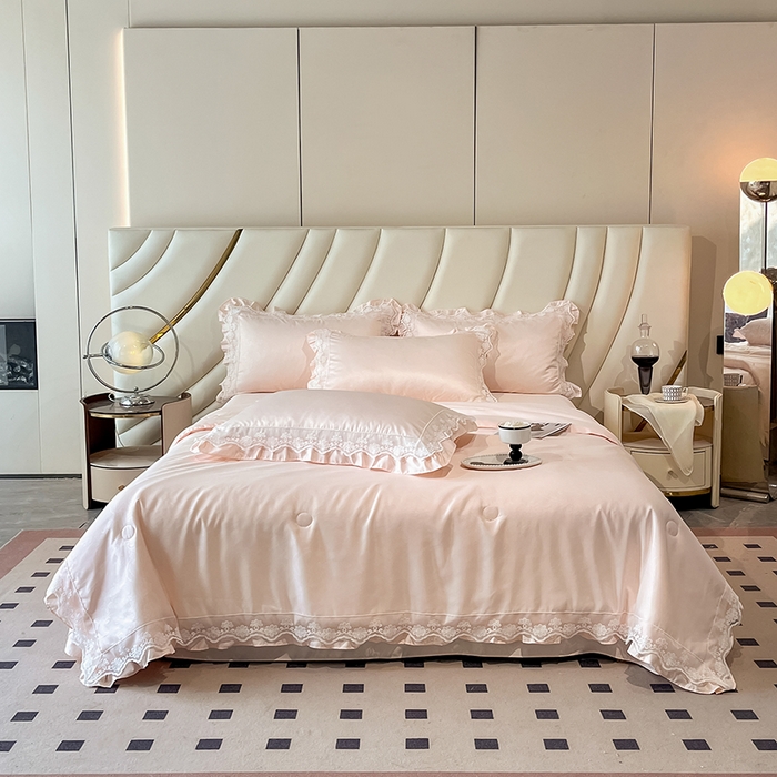 91家纺网 家纺一手货源 找家纺 澳梵家居 2025新款雪莲天丝法式提花夏被四件套-浪漫香榭 浪漫香榭-香槟粉