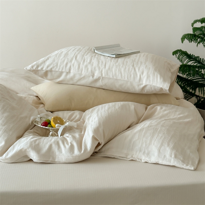 91家纺网 家纺一手货源 找家纺 小春日和  纯棉色织双层纱四件套提花被套纯色加大床单1.8床笠民宿风高端不规则条纹四件套 觅光-米