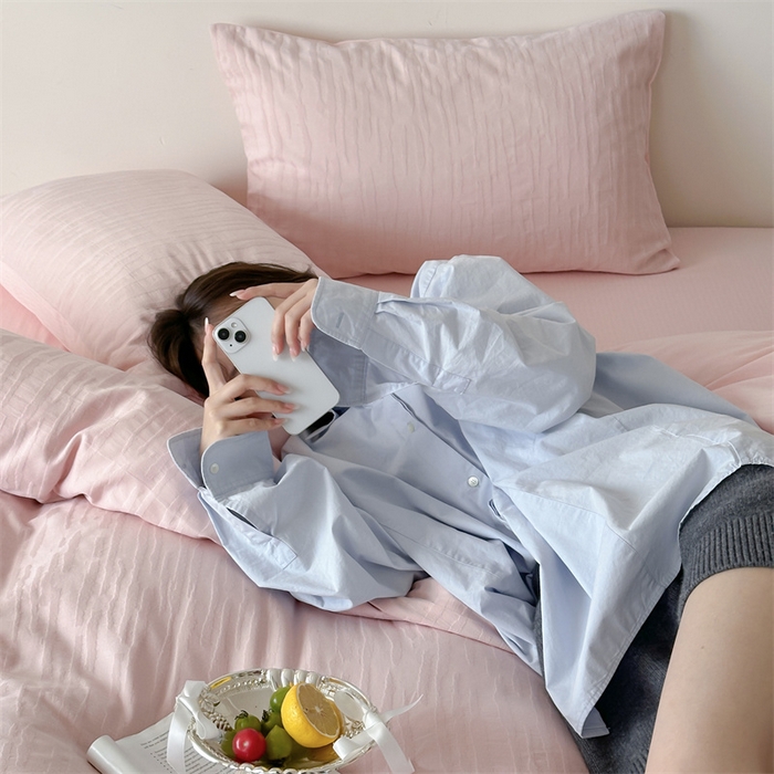 91家纺网 家纺一手货源 找家纺 （总）小春日和  纯棉色织双层纱四件套提花被套纯色加大床单1.8床笠民宿风高端不规则条纹四件套