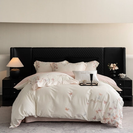 馨蕊2025新款高精密刺绣轻奢风全棉四件套-微光 微光-粉白