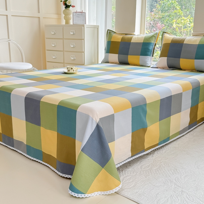 91家纺网 家纺一手货源 找家纺 宜家坊 2025新款春夏原棉鱼骨棉老粗布花边印花床单软凉席三件套 格林