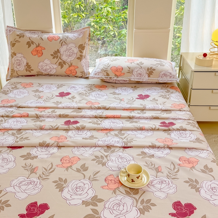 91家纺网 家纺一手货源 找家纺 宜家坊 2025新款春夏原棉鱼骨棉老粗布花边印花床单软凉席三件套 玫瑰