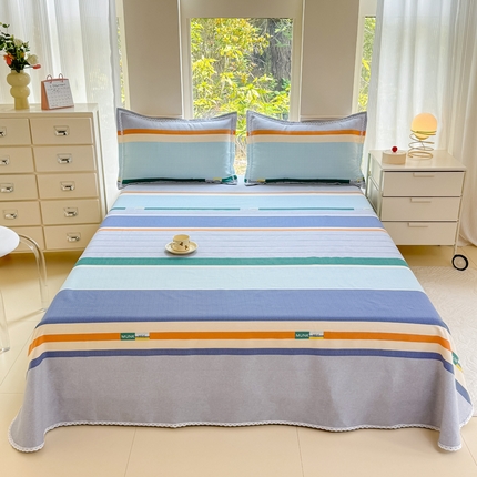 宜家坊 2025新款春夏原棉鱼骨棉老粗布花边印花床单软凉席三件套 简彩条纹