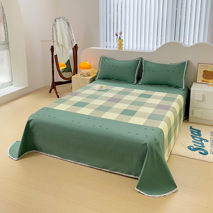 91家纺网 家纺一手货源 找家纺 宜家坊 2025新款春夏原棉鱼骨棉老粗布花边印花床单软凉席三件套 宜家-绿