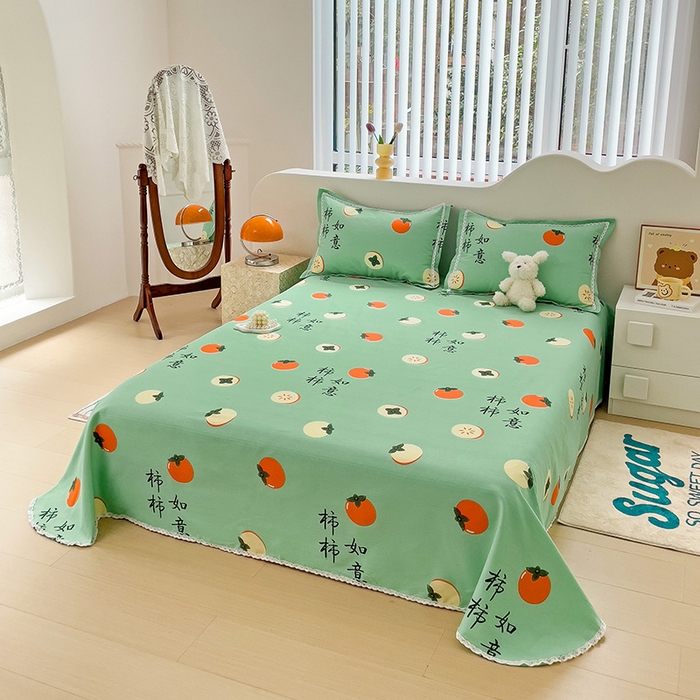 91家纺网 家纺一手货源 找家纺 宜家坊 2025新款春夏原棉鱼骨棉老粗布花边印花床单软凉席三件套 柿柿如意-绿