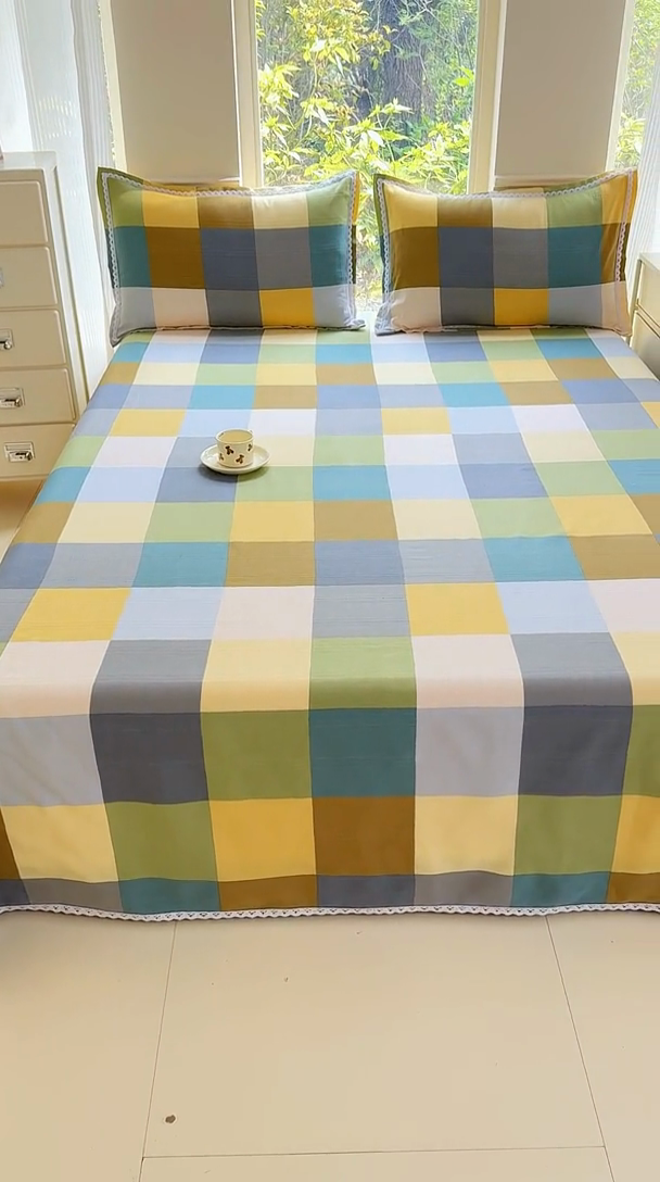 91家纺网 家纺一手货源 找家纺 宜家坊 2025新款春夏原棉鱼骨棉老粗布花边印花床单软凉席三件套 格林