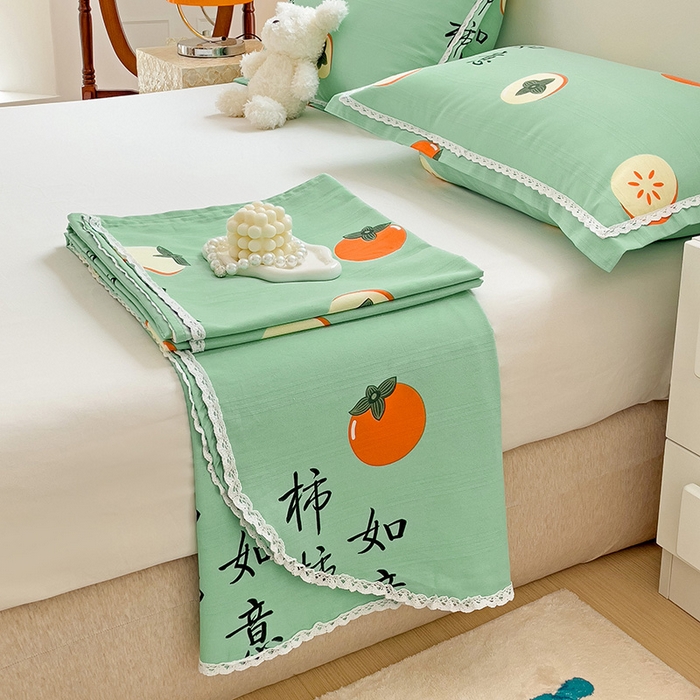 91家纺网 家纺一手货源 找家纺 宜家坊 2025新款春夏原棉鱼骨棉老粗布花边印花床单软凉席三件套 柿柿如意-绿