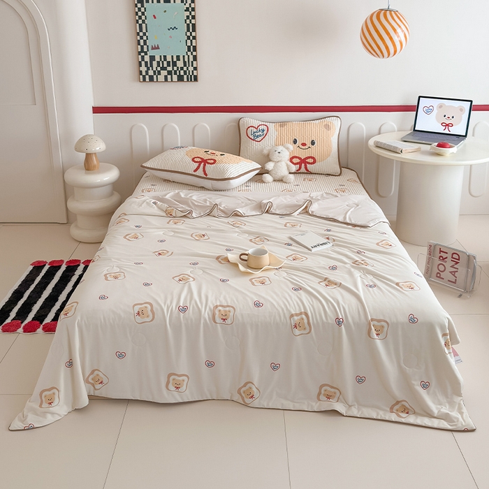 91家纺网 家纺一手货源 找家纺 RYB红黄兰 2025新款INS原创超萌卡通锦氨冰皮夹棉软席凉席床笠三件套 面包熊仔