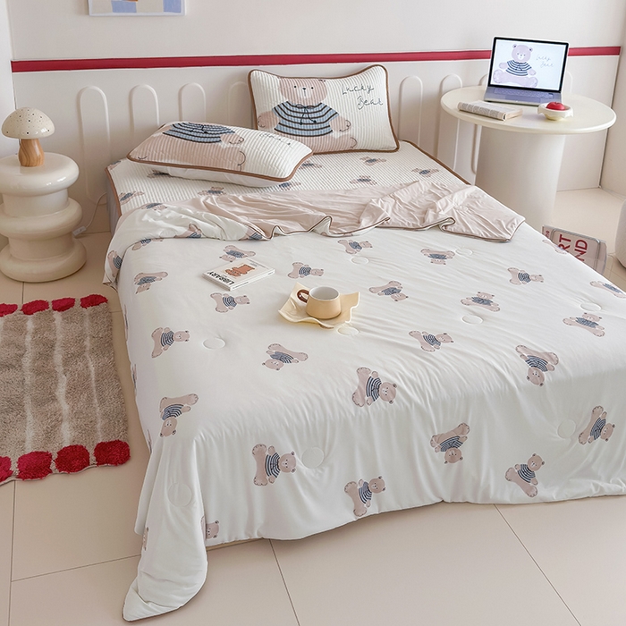 91家纺网 家纺一手货源 找家纺 RYB红黄兰 2025新款INS原创超萌卡通锦氨冰皮夹棉软席凉席床笠三件套 奶油小熊