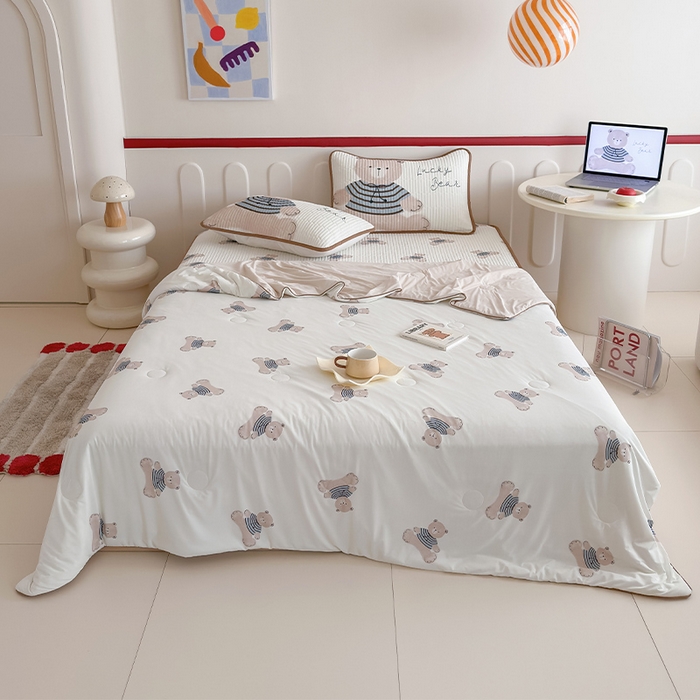 91家纺网 家纺一手货源 找家纺 RYB红黄兰 2025新款INS原创超萌卡通锦氨冰皮夹棉软席凉席床笠三件套 奶油小熊